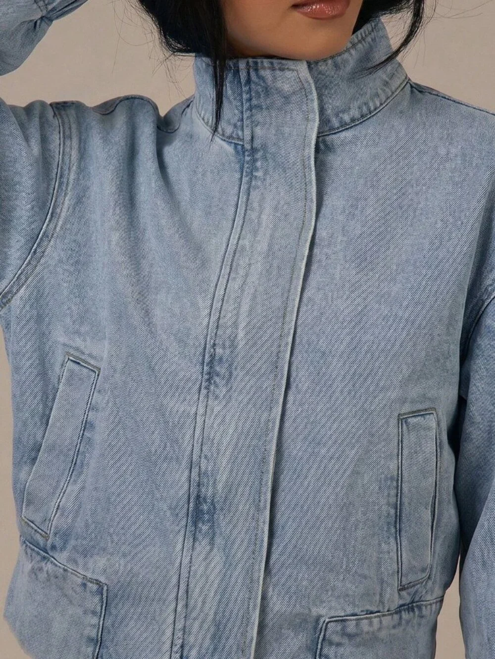Baby Blue Casual Women's Denim High Neck Balloon Sleeve Zip Through Jacket